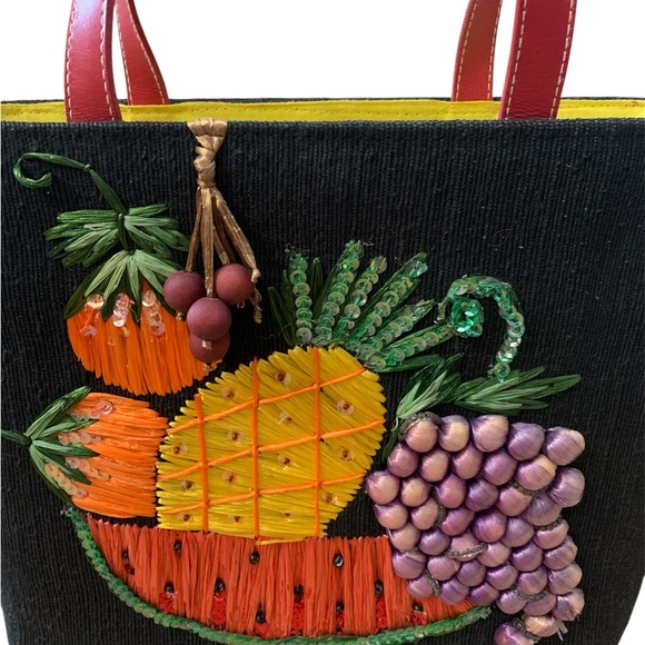 Vintage Santi Woven Straw Tote Bag Fruit Embroidered Black Canvas - Picture 2 of 11